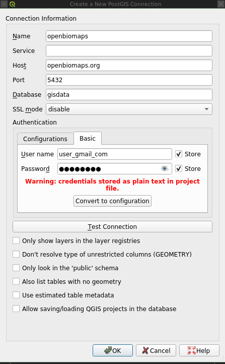 QGIS-ben PostGis kapcsolata hozzáadása OpenBioMaps-hoz